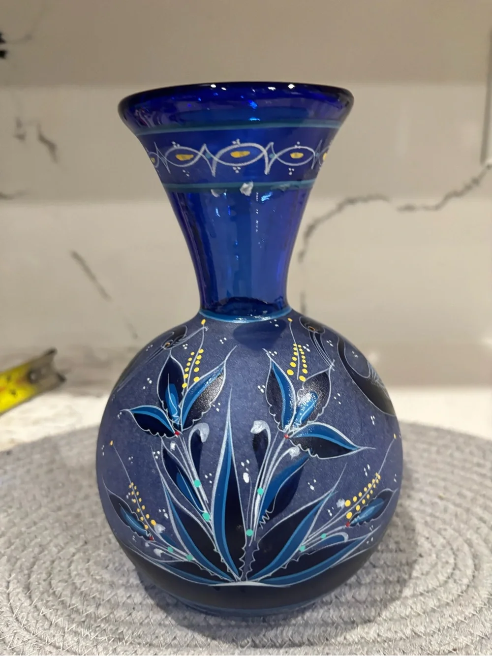 Hand-Painted Blue Floral Glass Vase - Unbranded